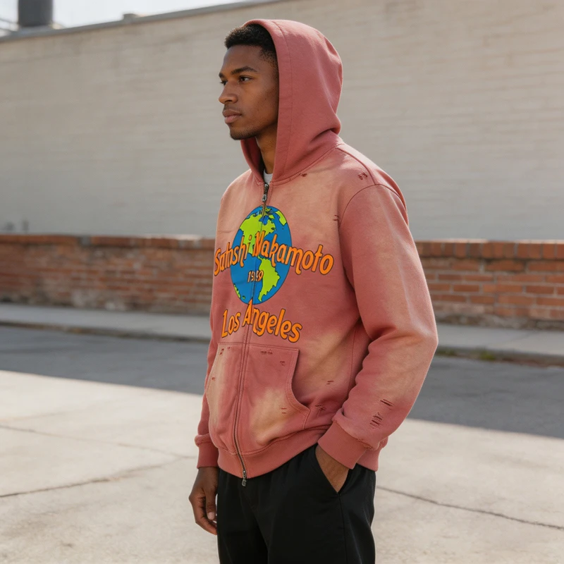 Amerikanischer Vintage-Hoodie mit Reißverschluss für Herren, gewaschen und abgenutzt, Destroyed-Look, Grafik-Hoodie, Oversize-Streetwear – Detail 3