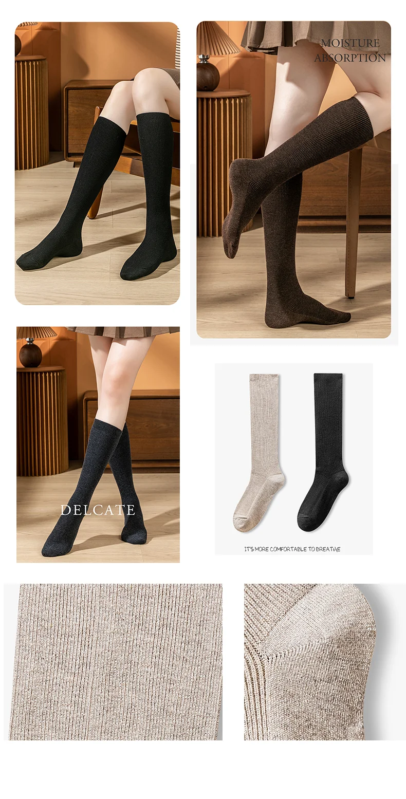 Wollmischung, knielange Socken für Damen, gestrickte, kniehohe Socken, gerippt, warm für den Winter, lässig, feines Garn, 1 Paar, weiche Strümpfe, ideal für die Feiertage. – Detail 2