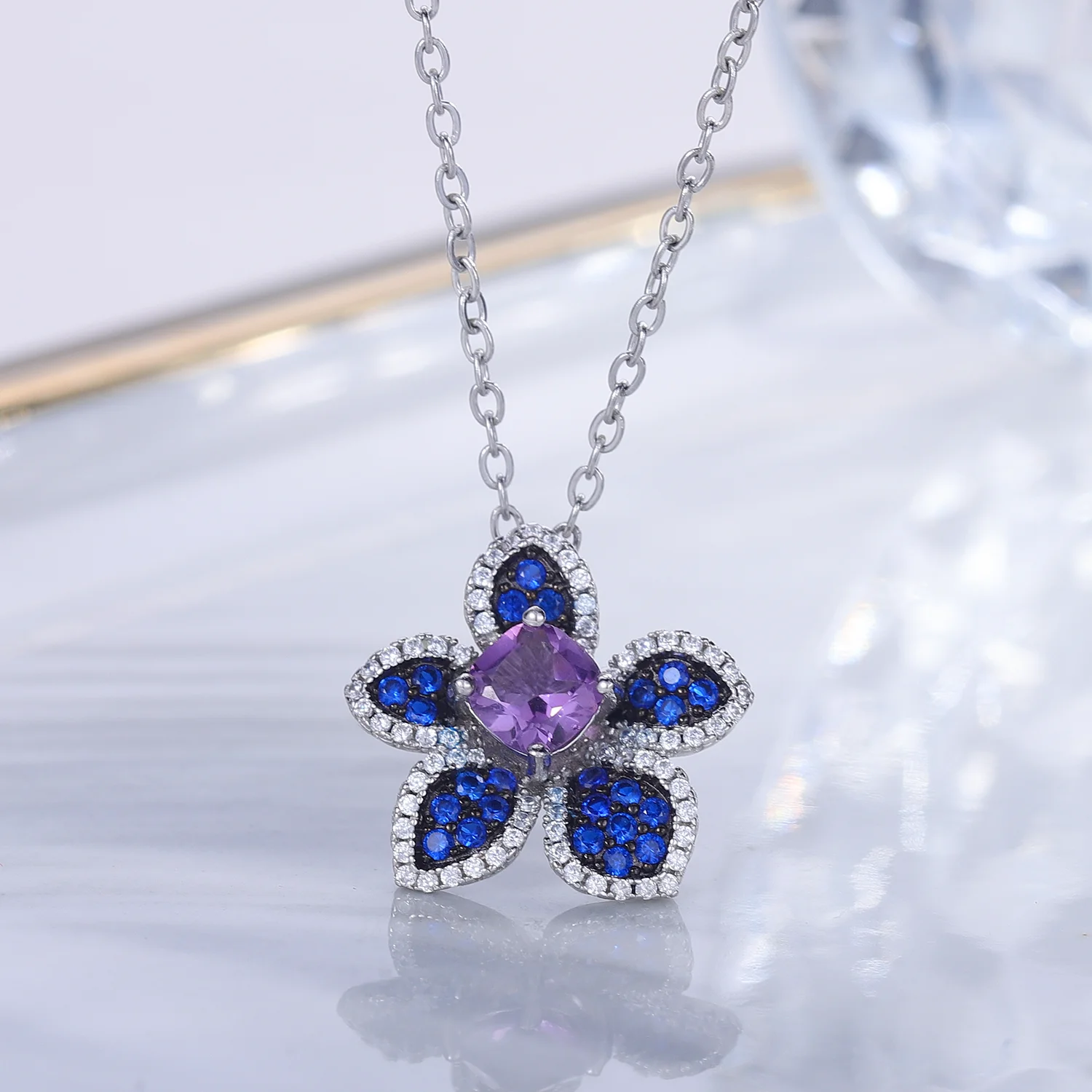 GEM'S BALLET 925 Sterling Silver Necklace Natural Amethyst Gemstones Flower Handmade Statement Pendant Necklace Gift For Her