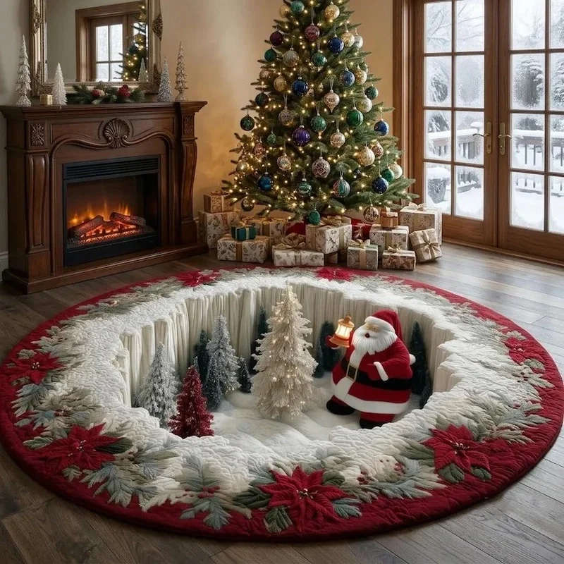 1PC Christmas home decoration carpet, Santa Claus snowflake illusion circular area carpet, 2D flat printing circular carpet, suitable for living room, bedside, bedroom, foyer Christmas foot mats, holiday living room decoration