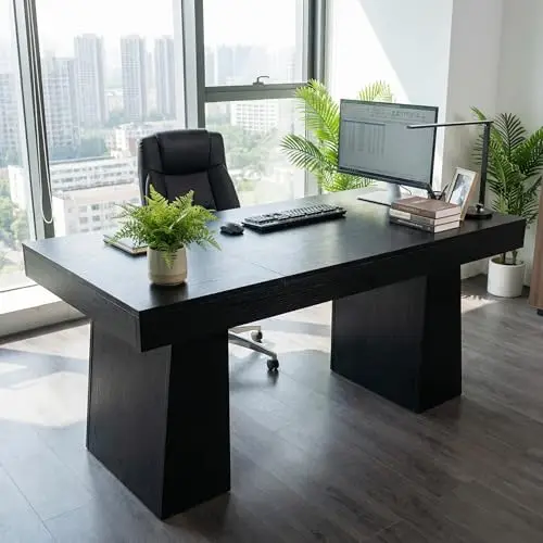 Black 55 Inch Wood Executive Desk With Double Trapezoidal Legs Mid-Century Modern Office Workstation Computer Table