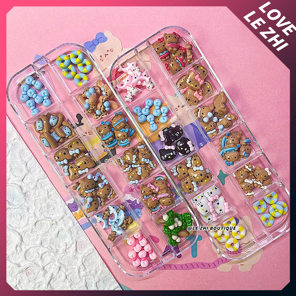 60PCS Kawaii DIY Handwork HelloKitty Nails Art Charms Accessories Blue Black Skin Resin Dolphin Coconut Tree Nail Salon Supplies