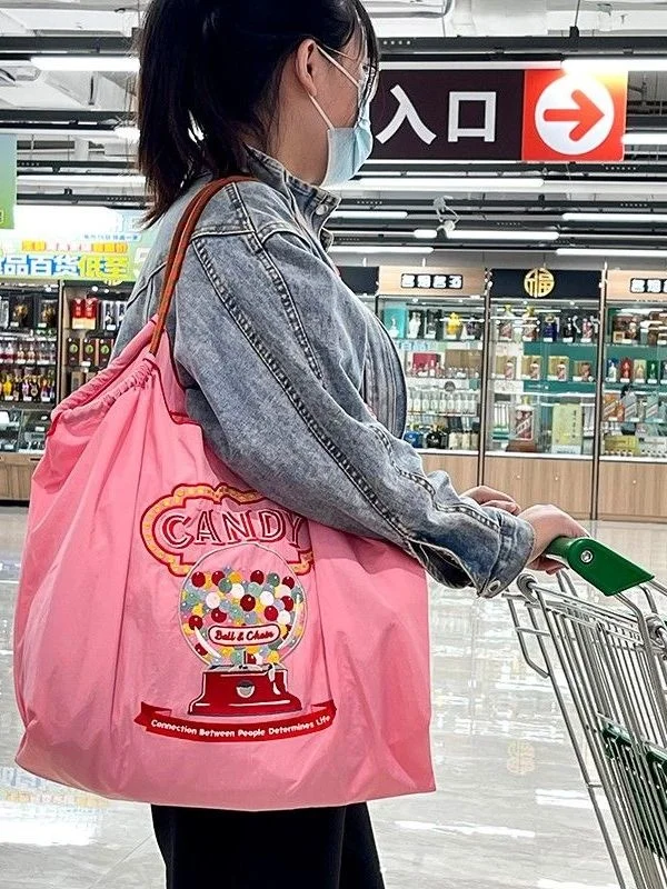 Japanese Niche Cashew Flower Embroidered Shopping Bag, Nylon Eco-friendly Bag, Fashionable Portable Shoulder Bag Size L