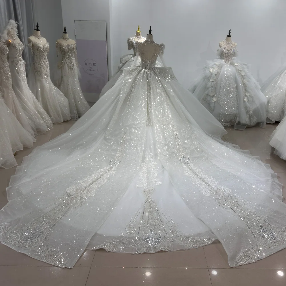 Surprise Price Wedding Dress Ball Gown With Beading Customized Full Sleeve Wedding Gowns Crystal Lace Up White Vestido De Noiva