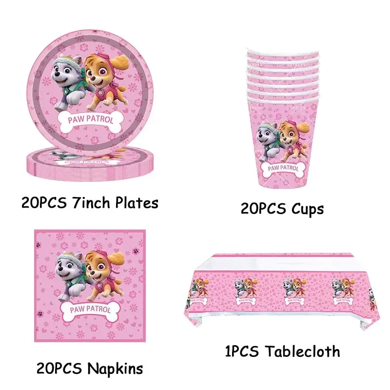 Paw Patrol Birthday Party Decoration Pink Sky Patrol Theme Tableware Set Chase Dog Balloon Party Supplies For Baby Shower Girls