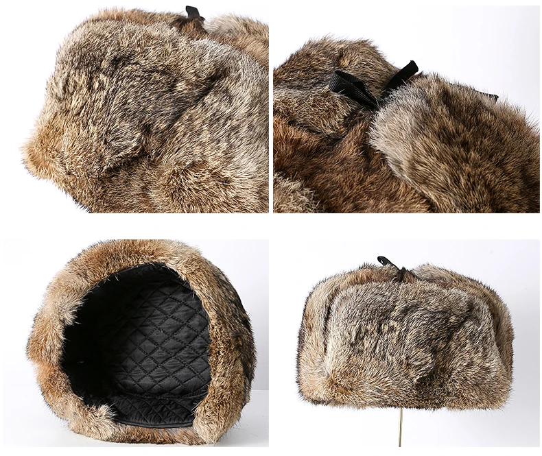 Kaninchen Pelz Kappe Mann Winter Echte 100% Pelz Bomber Hut Winddicht Warme Ohrenschützer Männlich Flache Grau/Schwarz Russische Hut ausgestattet Casquette – Detail 2