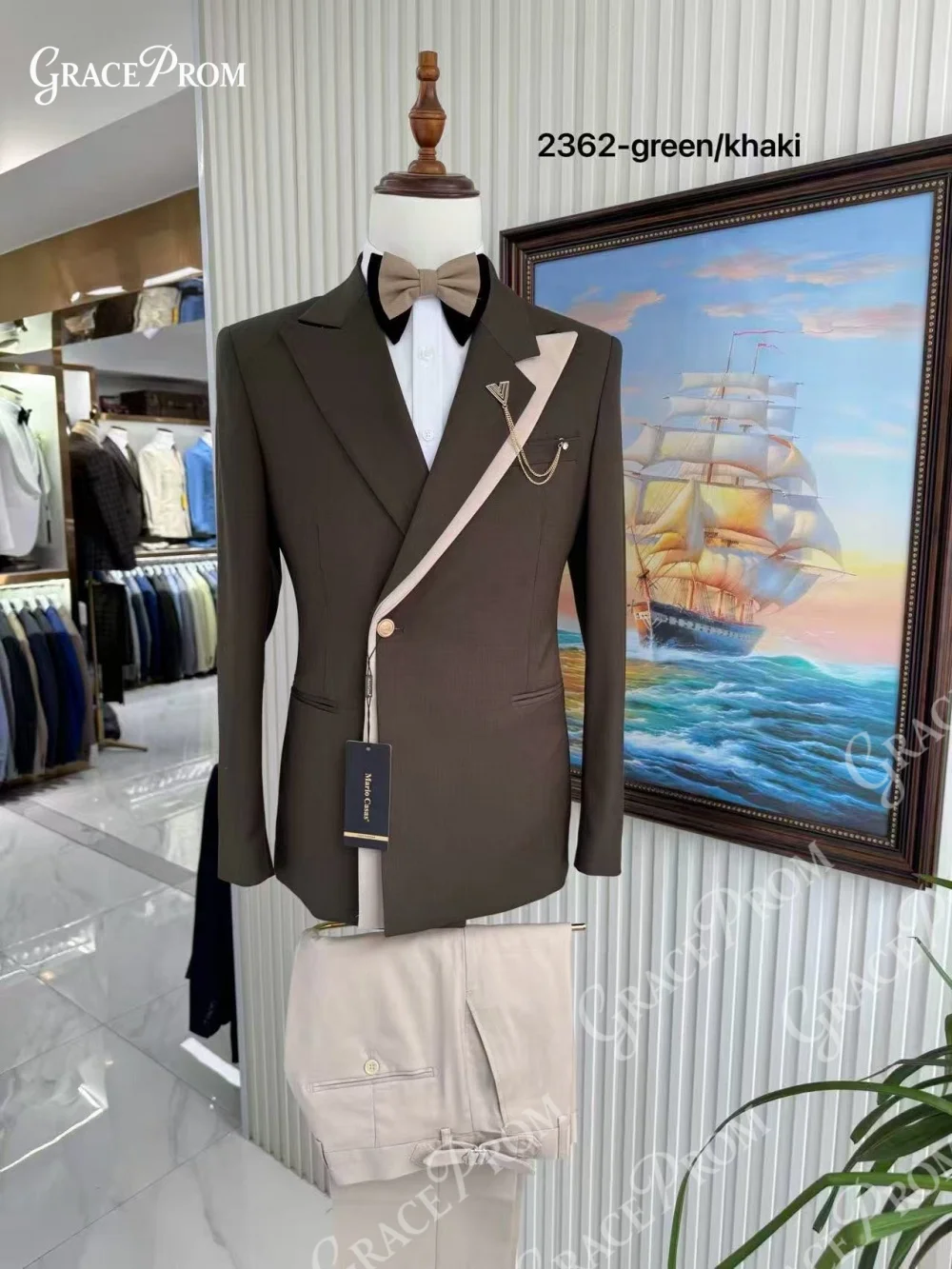 Elegant Asymmetric 2PCS Mens Suit With Contrast Trim And Chain Brooch Slim Fit Brown Khaki Formal Outfit For Wedding And Prom