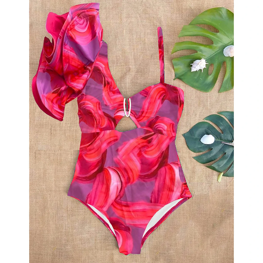 Sexy One Shoulder Ruffle One Piece Swimsuit Print Floral Swimwear Women Swimsuit V Neck Bathing Suit Beachwear Monokini Female