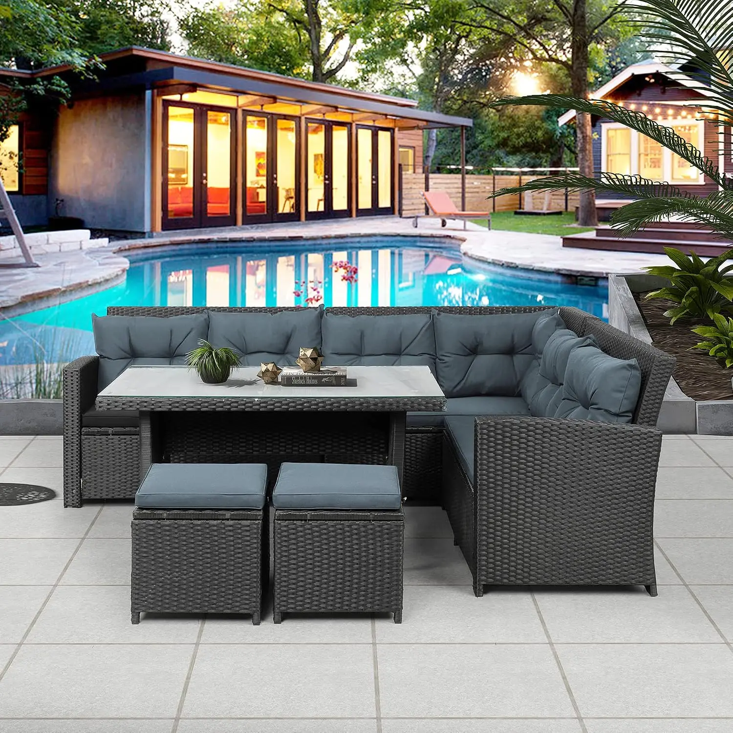 6-Piece Outdoor Sectional Sofa & Glass Table Set With Ottomans For Patio, Pool, Backyard, Customized