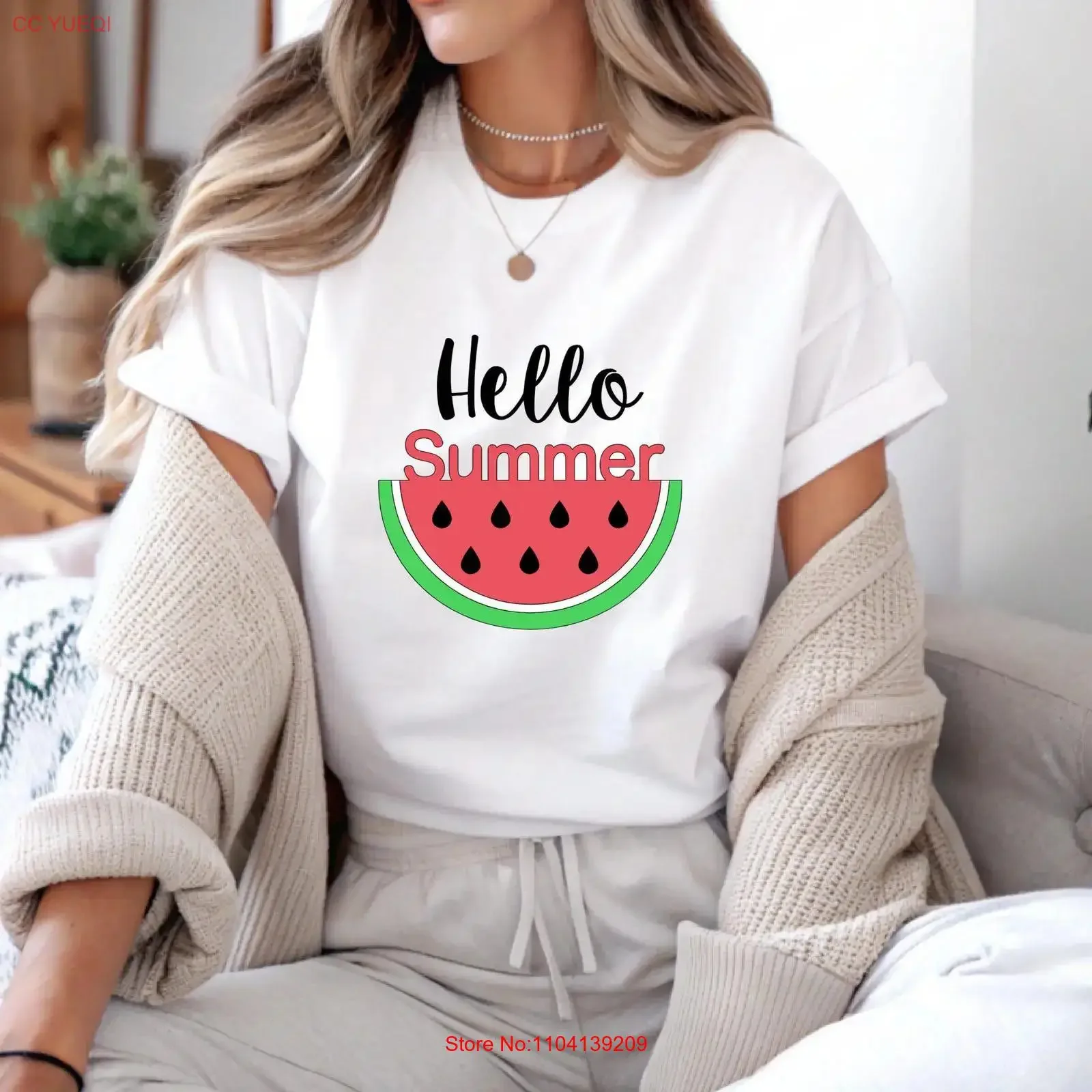 Hello Summer Watermelon T Shirt Cute with Slice Fun Beach Fruit  vintage Washed fashion Stretched Soft graphic streetwear