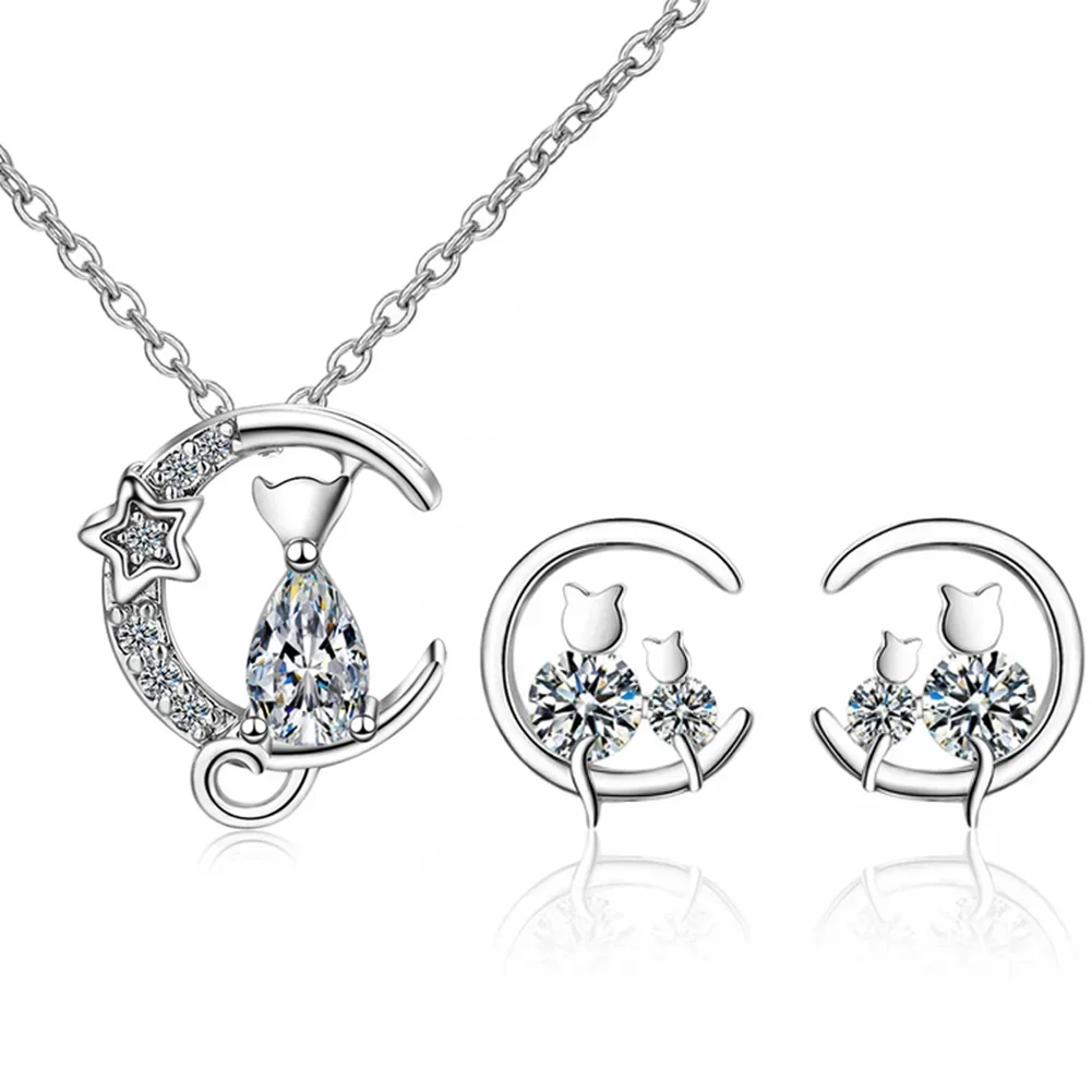 

Moon Cat Earrings Necklaces For women 925 Sterling Silver Cubic Zirconia Fashion Elegant Party Gift Fine Jewellery Set