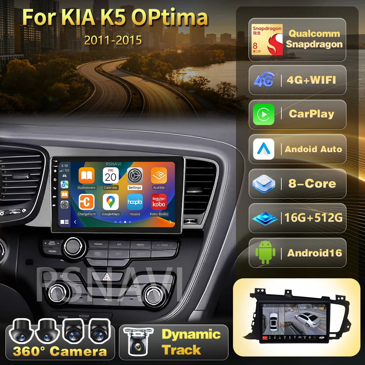 Qualcomm Android 16 For KIA Optima K5 2013-2015 Car Radio Carplay Auto GPS Navigation Stereo Video Player Multimedia 360 camera
