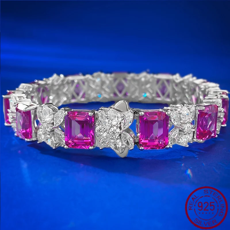 

2023 New Versatile s925 Silver Pink Diamond 7 * 9 Full Diamond Bracelet Women's Fashion Style Rich Woman Style