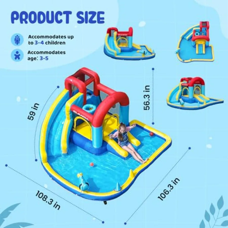 Inflatable Water Slide for Outdoor Indoor Use, PVC Material, Blue and Yellow, 9-in-1 Bounce House with 2 Slides, Pool Trampolin