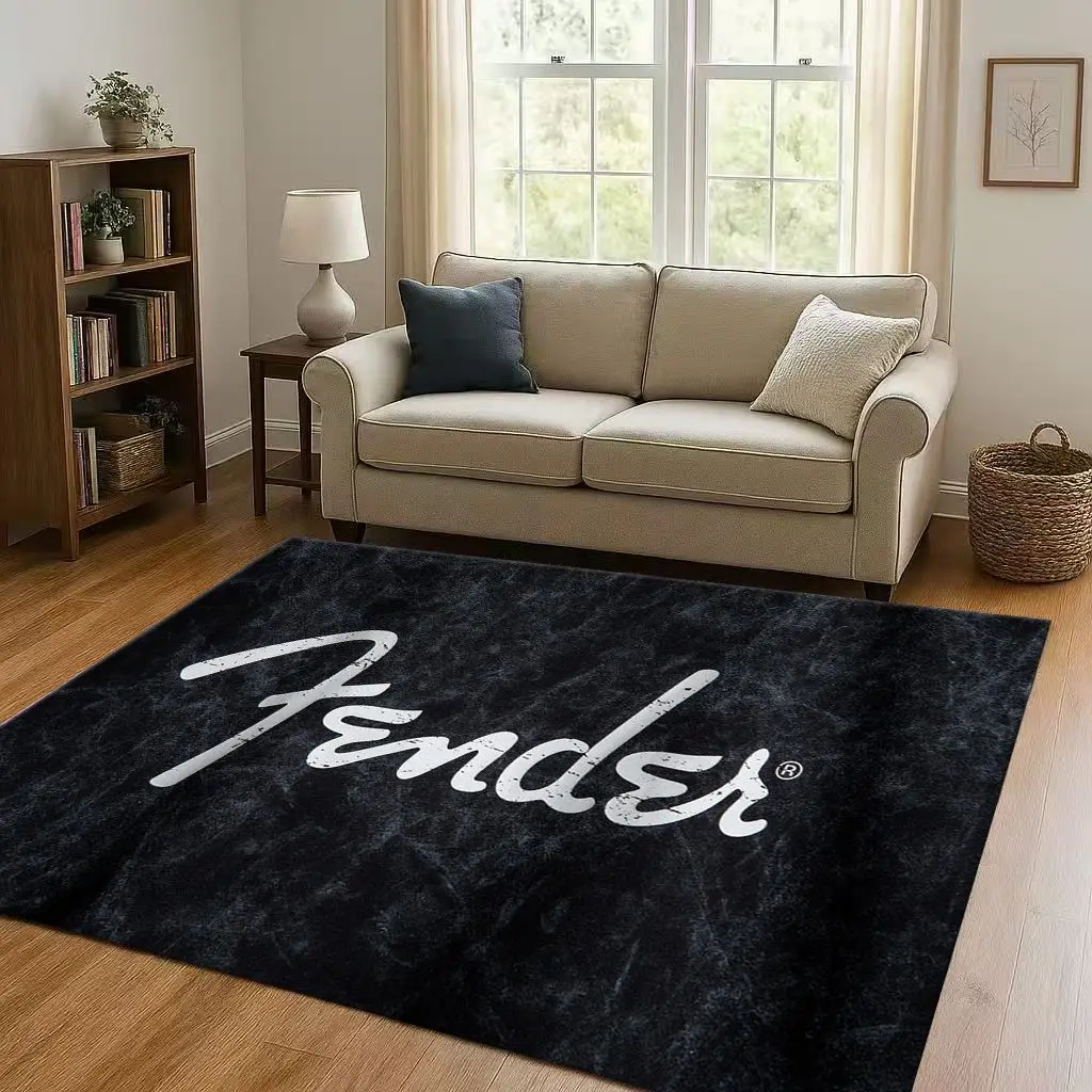 HD F-Fender Guitar Musical Instrument Sign Living Room Non-Slip Area Rug Carpet for Bedroom Sofa,Easy Clean Home Decor Doormat