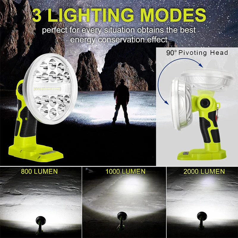 For Ryobi 18V Lithium Nickel One+ Battery P104 P108 2000lm LED Tool Lamp Work Light Flashlight Camp Outdoor Emergency Lighting