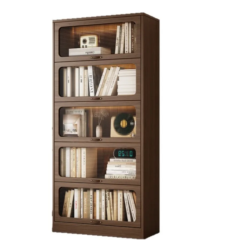 Mid Century Floor Standing Solid Wood Bookcase Glass Display Cabinet Dust Proof Storage Rack For Living Room Study Home Decor