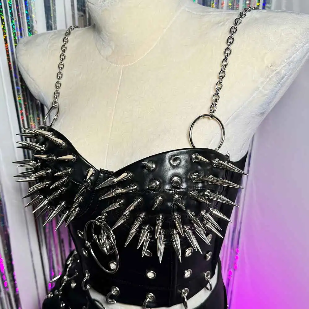 Gothic Emo Punk Rock Women's Top with Spikes Grunge PU Leather Spiked Tank Y2K Style Sexy Rave Festival Club Wear Goth Clothing