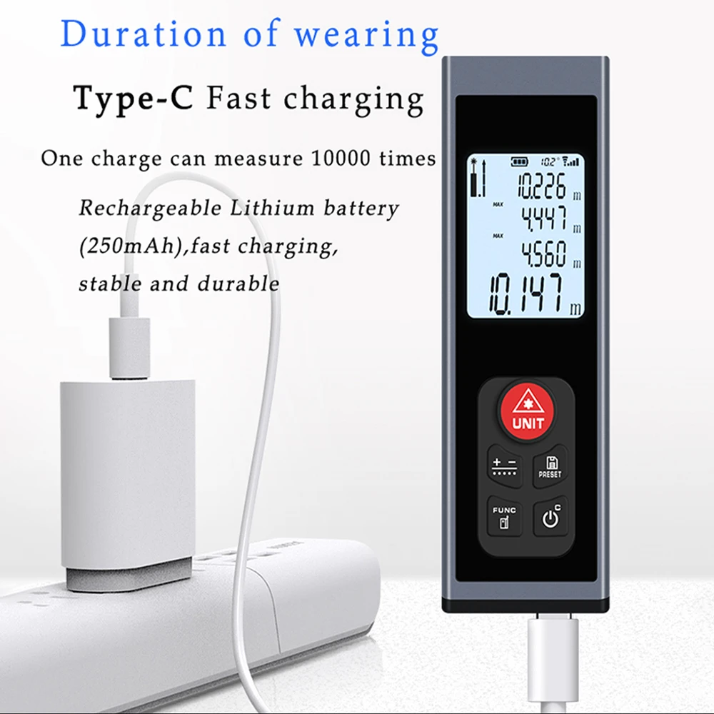 Imagem -02 - Medidor de Distância Handheld Recarregável de Carregamento do Mini Usb do Laser do Rangefinder do Laser Inteligente 40m100m Digital