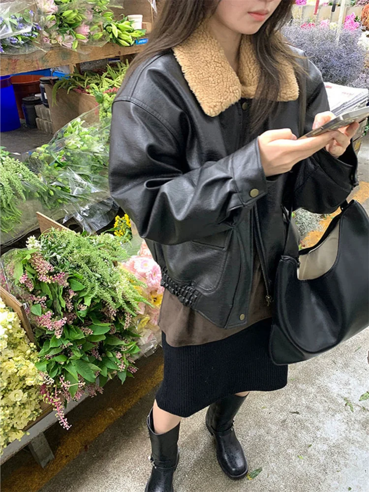 جايت نسائي من الجلد بتصميم كلاسيكي مع ياقة من فرو خروف فضفاض مناسب لراكبي الدراجات النارية بسحاب معطف خارجي للربيع والخريف #4