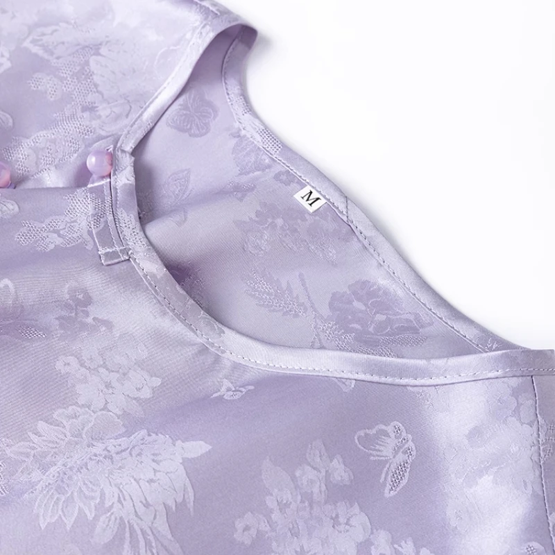 Birdtree 100% Mulberry Silk Tshirts,Summer Women Satin O Necks Straight Tops Purple Color Short Sleeve Tees New 2025 T55605JF