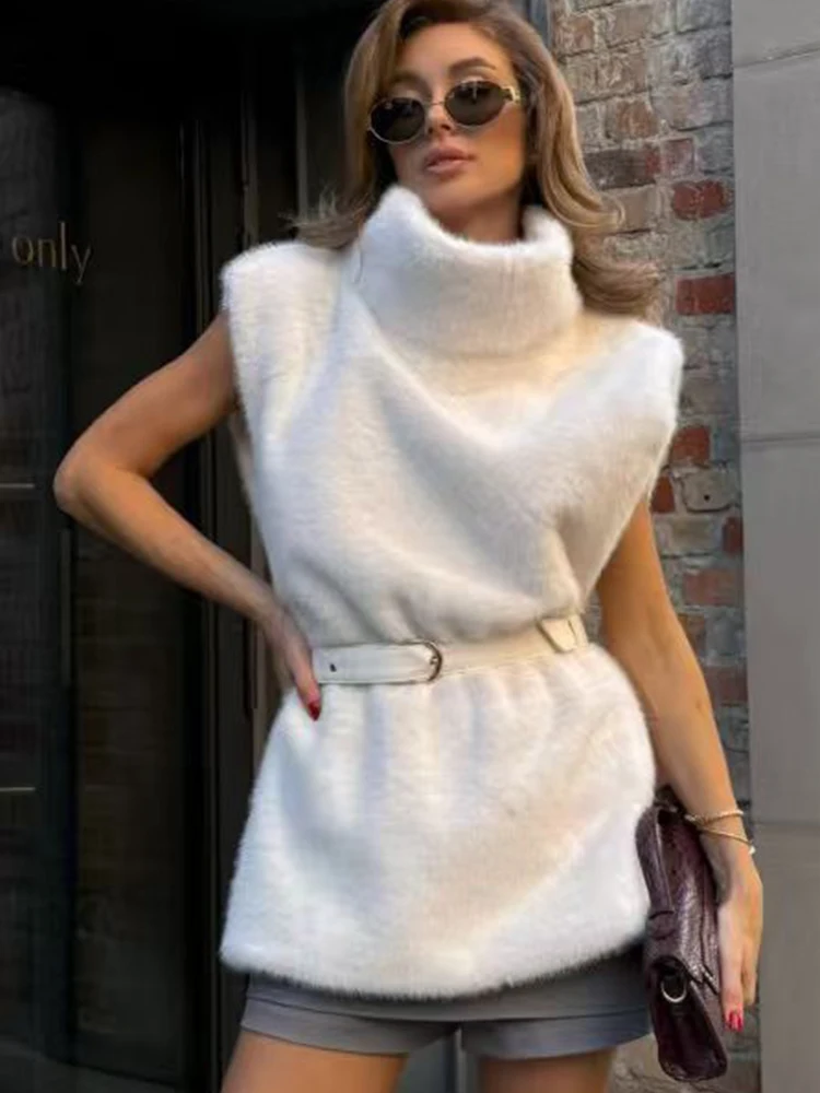 Mulheres outono inverno moda colete de pele do falso casaco feminino chique cinto sem mangas jaqueta curta quente casual colete topos ﻿