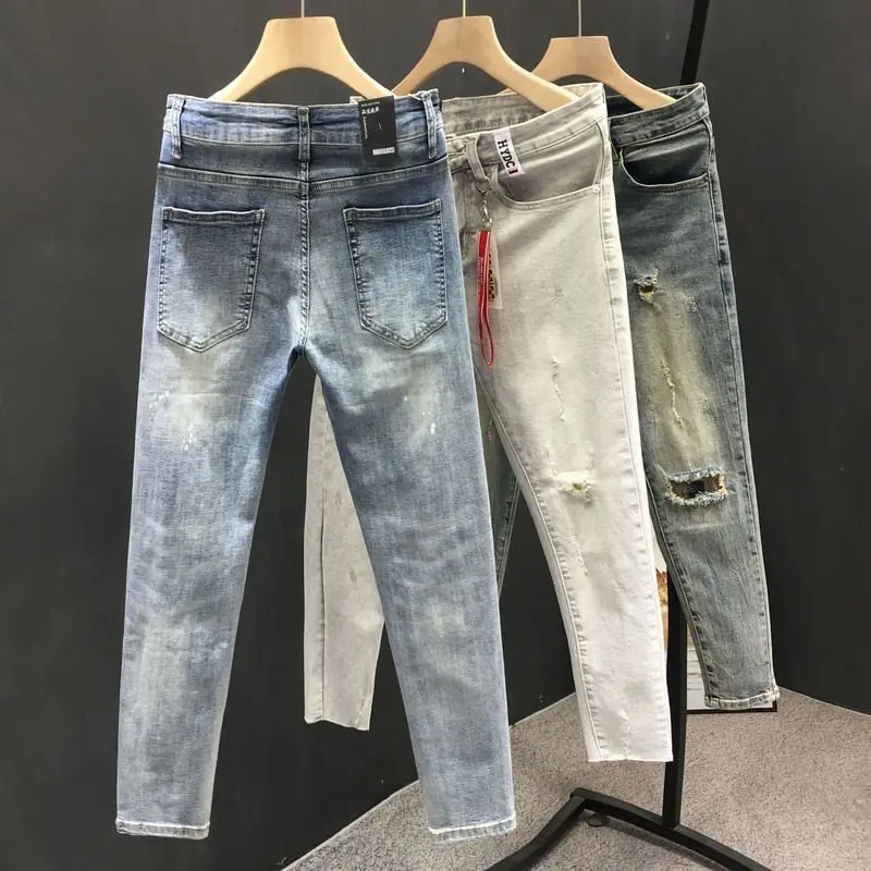 New ripped jeans men's trendy elastic slim pants men's casual versatile trousers