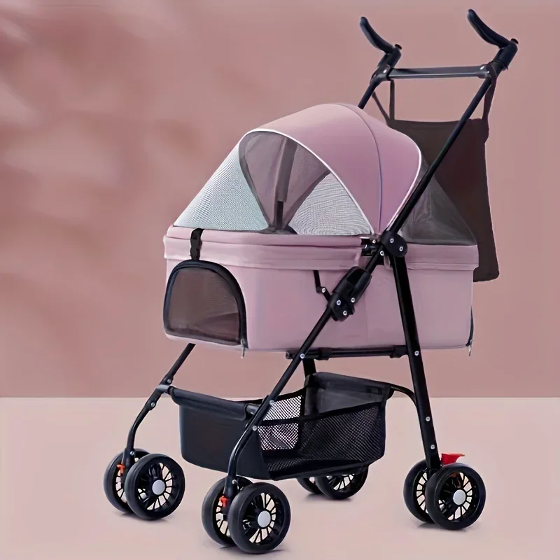 Folding Dog Stroller, Lightweight Pet Stroller, 4-wheel Dog Portable Stroller, Adjustable Handle Height Dog Stroller