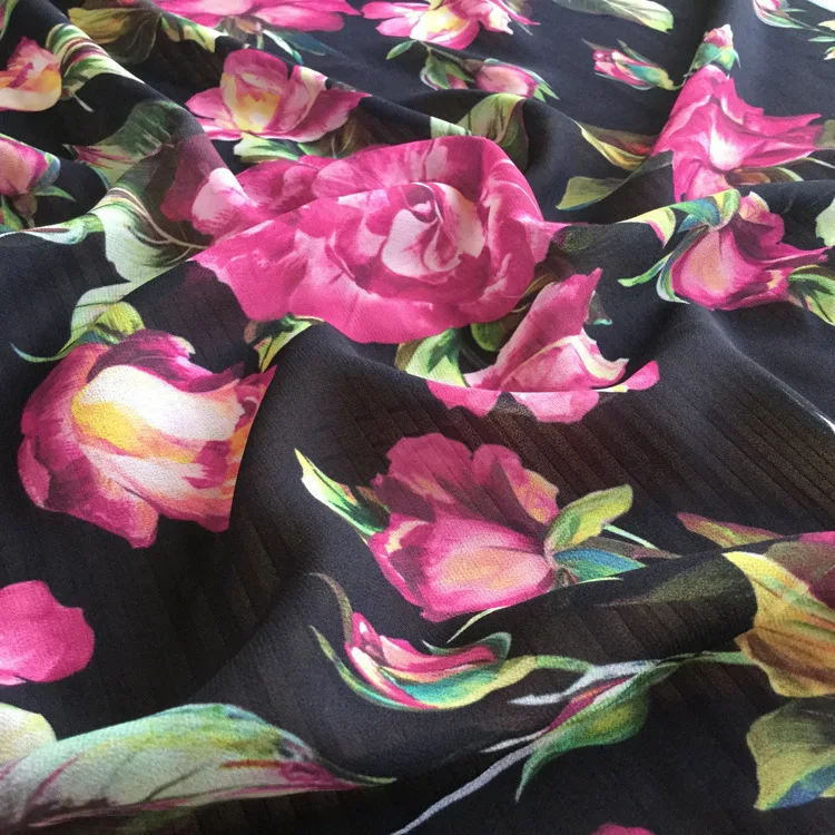 Summer Chiffon Purple Pink Rose Pattern Digital Printed Dress Fabric Polyester High Quality Imitation Silk Clothing Fabrics