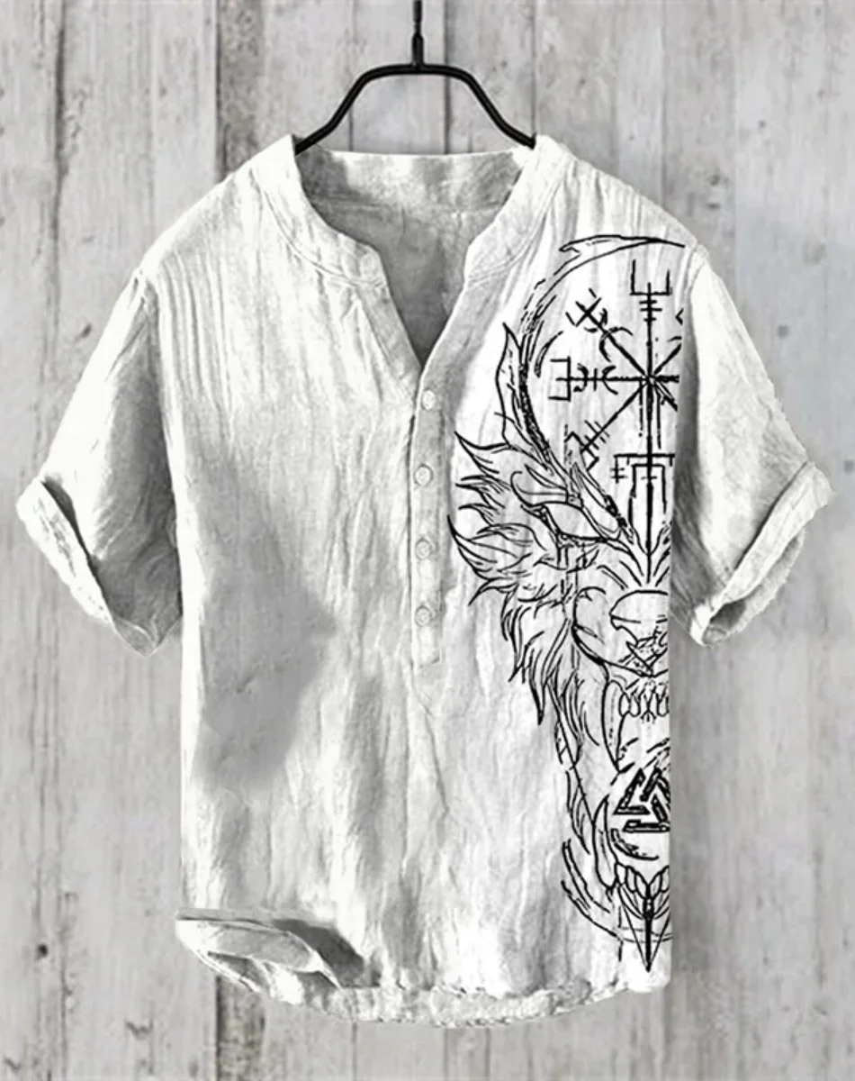 Herrenhemd Ethnischer Stil 3D-Druck Wikinger Herrenmode Plus Size Knopf Stehkragen Kurzarmhemd Herrenbekleidung Fast S
