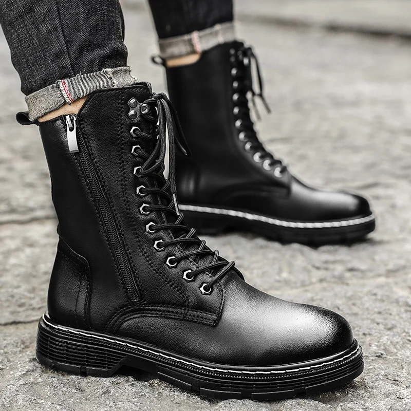 Big Size 38-48 High Top Men Boots Fashion British Style Chelsea Boots Cross-tied Casual Shoes Zipper Comfortable Walking Shoes