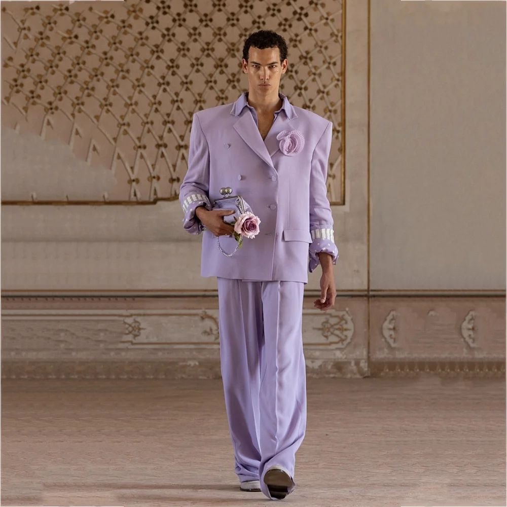 Men Lavender 2 Pieces Suit Double Breasted Oversized Blazer Wide Leg Pants Fashion Runway Party Event Tuxedo Casual Formal Set