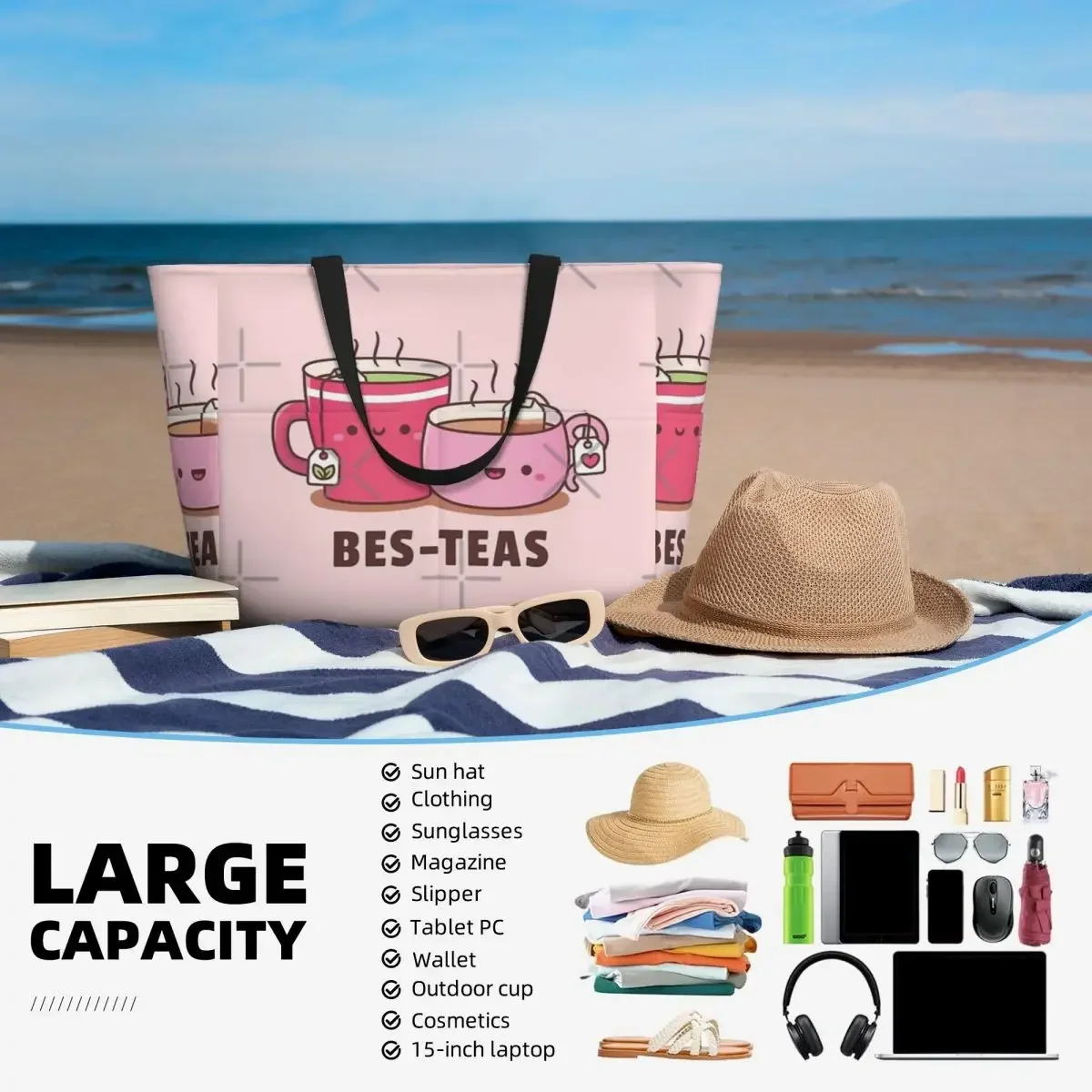 Cangkir teh lucu Besties tas perjalanan pantai, tas Tote kepribadian hadiah kapasitas besar hadiah ulang tahun pola multi-gaya