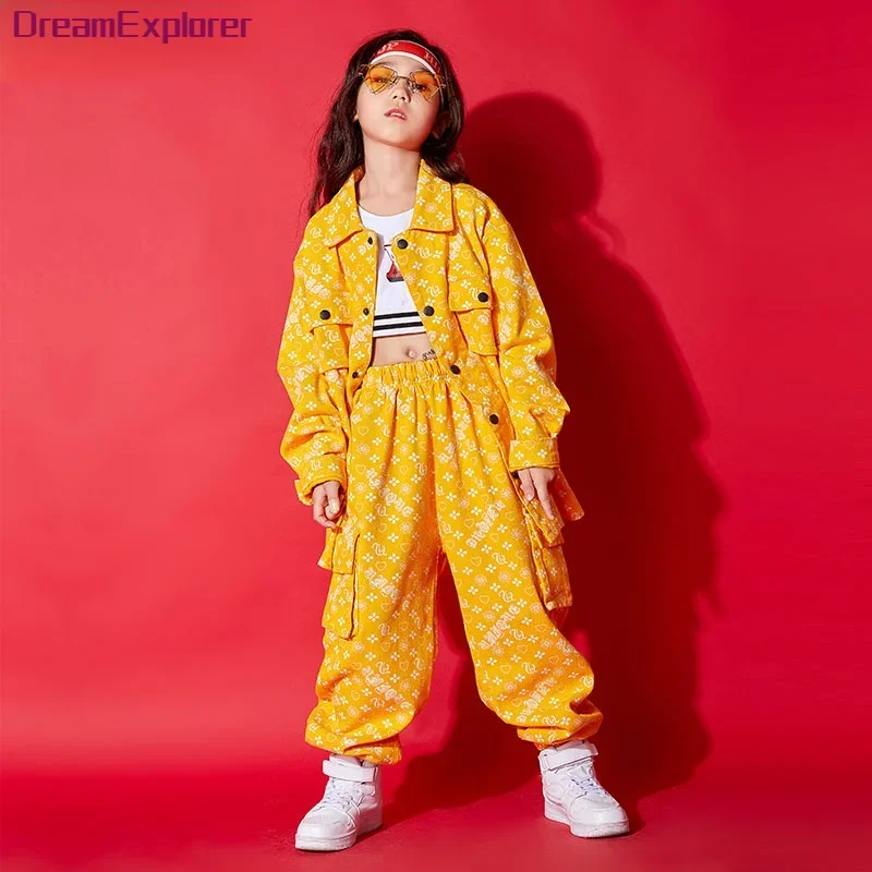 Girls Street Dance Dot Jacket Cargo Pants Boys Yellow Hip Hop Joggers Clothes Set Kids Jazz Print Shirt Child Costume Streetwear