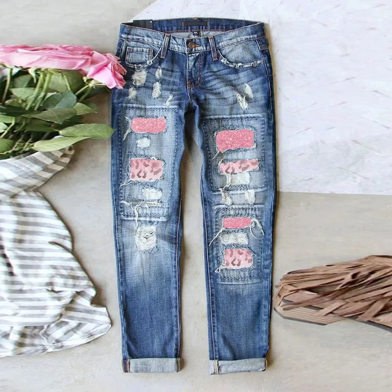 

Spring New Ripped Jeans Women's Express Sales Amazon Hot-selling Printed Patch Casual Versatile Trousers Age Reduction Pants