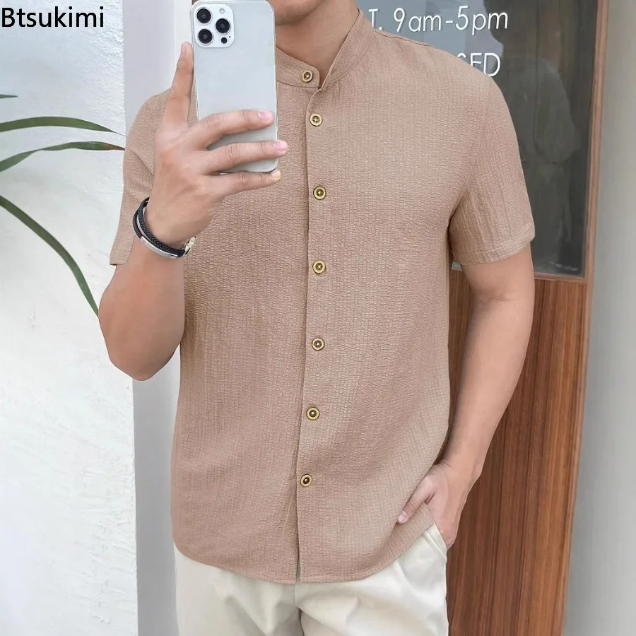 2026 New Men's Loose Casual Short Sleeve Shirt Summer Male Fashion Pure Color Open Cardigan Shirt Comfortable Breathable Garment