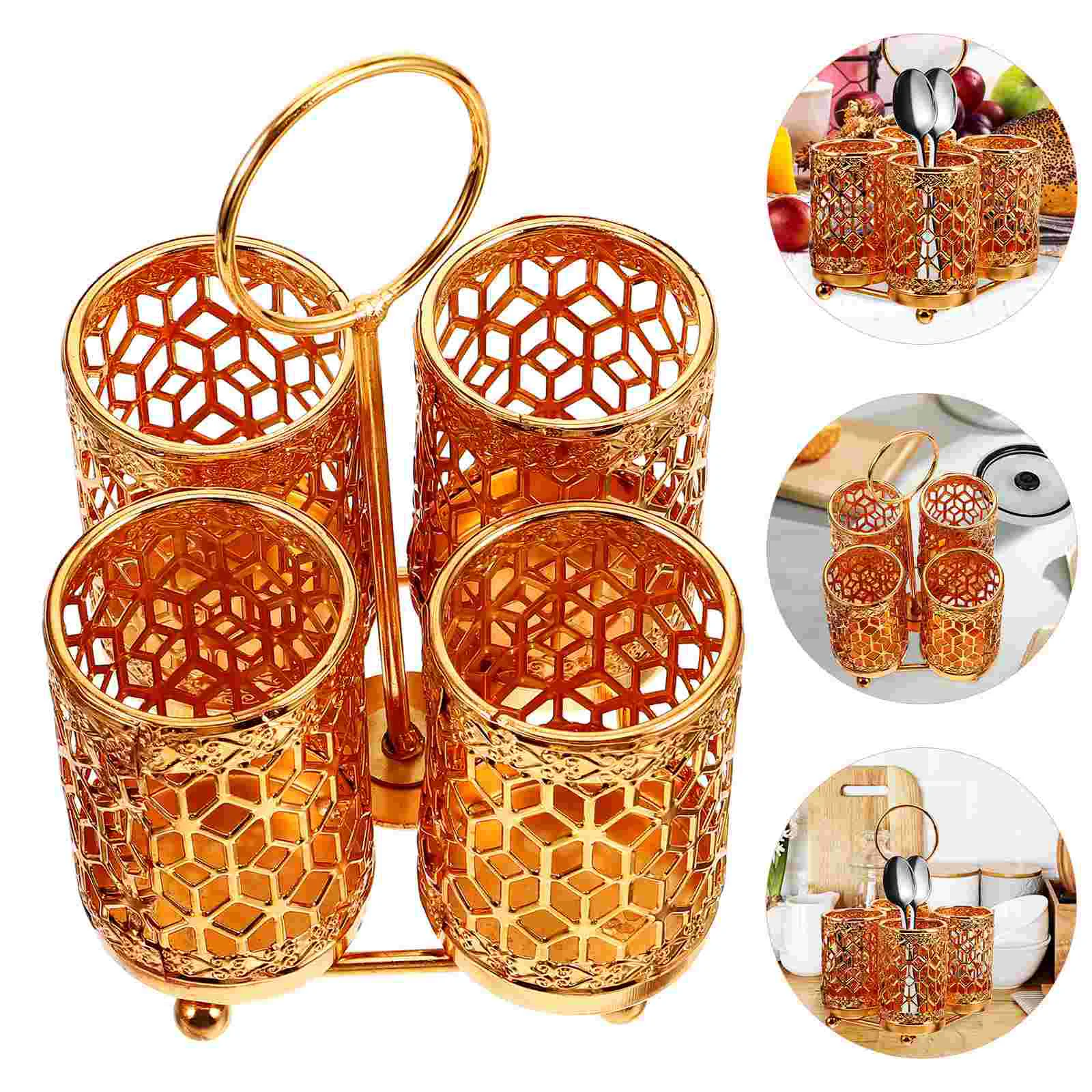 Light Luxury Gold-plated Iron Hollow Rotatable Home Multi-tube Knife Utensil Holder Chopsticks Rack Organizer Metal Kitchen