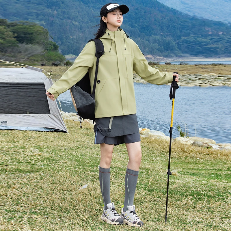 Outdoor Hiking Jacket for Women Solid Color Hooded Waterproof Windbreaker Multi-Pocket Design Trekking Camping Casual Outer Coat