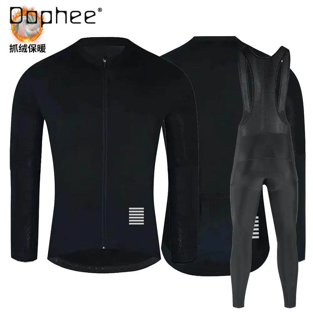

Мужской осенне-зимний велосипедный костюм с флисовой подкладкой, ветрозащитный, теплый, облегающий, черный, с длинными рукавами, комплект из топа и брюк для спорта