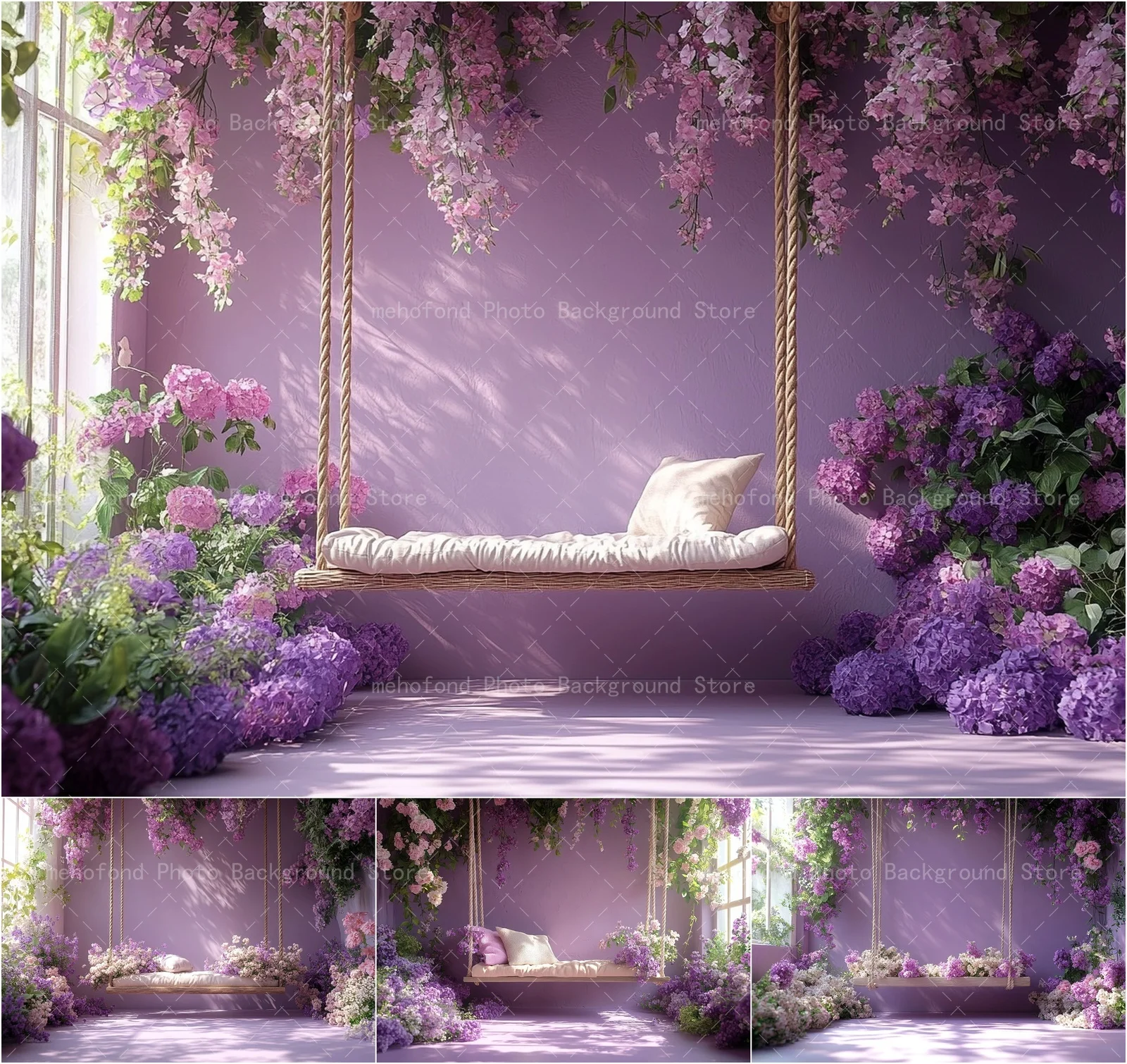 Mehofond Photography Background Spring Purple Background Flower Swing Pillow Sunshine Kids Family Portrait Backdrop Decor
