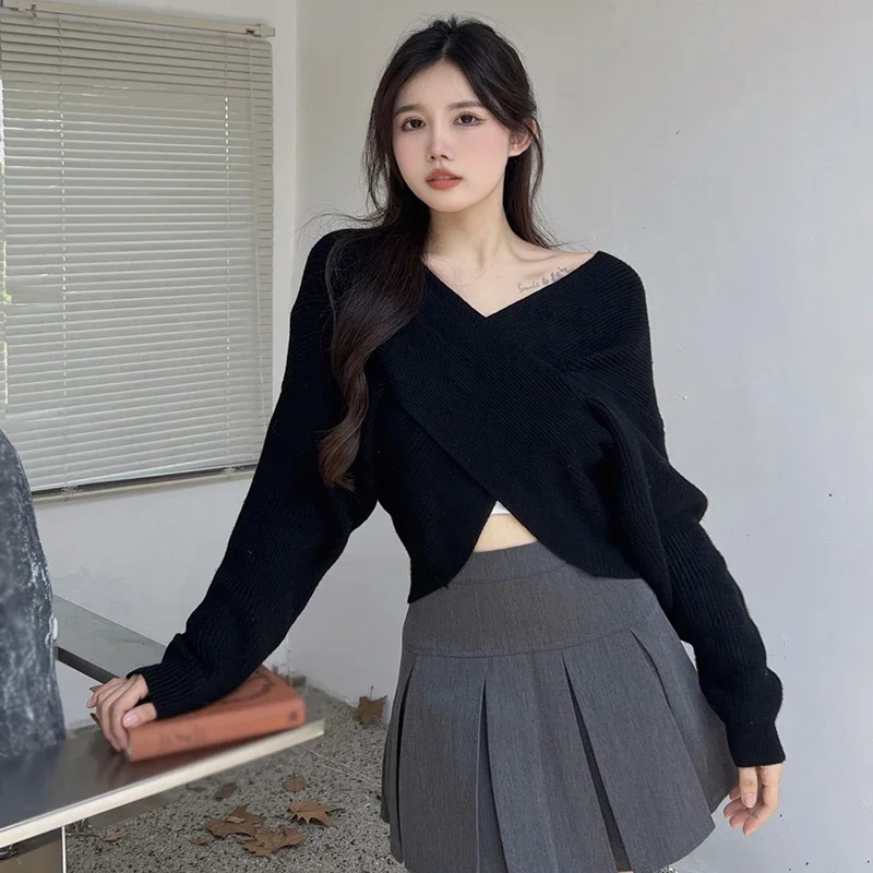 Autumn Elegant Women Loose Sweater Solid Color Knitted Long Sleeve Crossover Design V-Neck Casual Bottoming Shirt Crop Tops