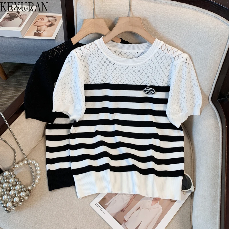 Thin Ice Silk Knit T-shirt Short Sleeve Sweater Women 2024 New Summer Chic Black Whiter Striped Tshirts Hollow Out Knitwear Tops