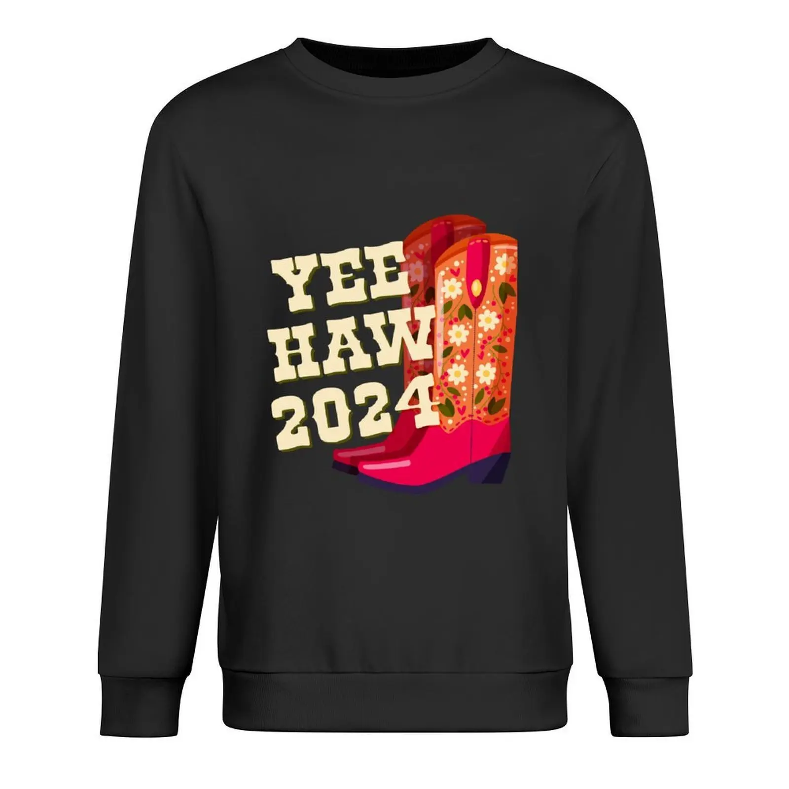 

A pair of cowboy boots decorated with flowers and a hand lettering message Yeehaw 2024 on green background. Happy New Y Pullover
