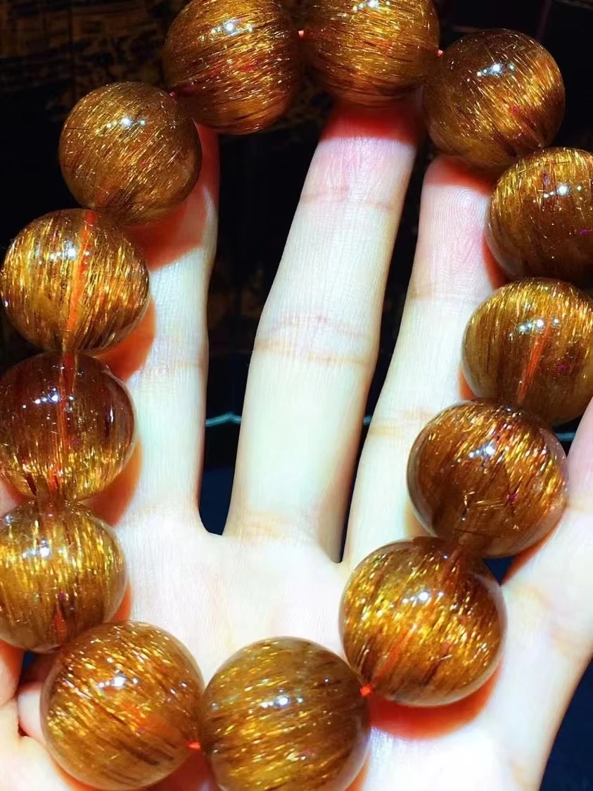 Natural Copper Rutilated Quartz Cat Eye Bracelet 19.2mm Big Size Clear Round Beads Rutilated Women Man Bracelet AAAAA