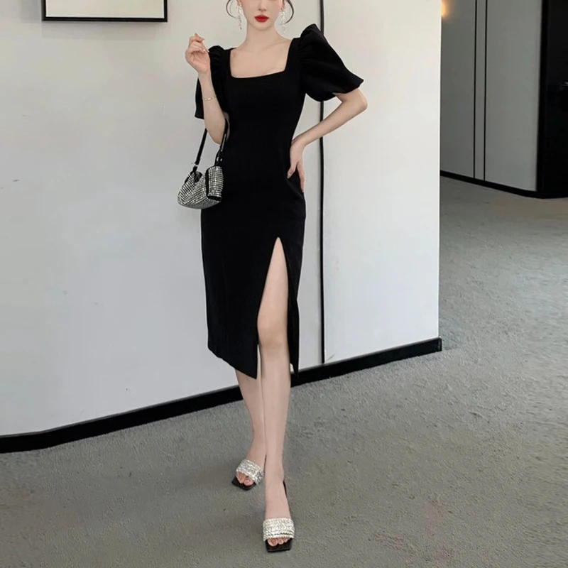 

Office Lady Dresses 2022 Summer New Solid Puff Short Sleeve Square Collar High Waist Split Patchwork A-Line Female Skirt