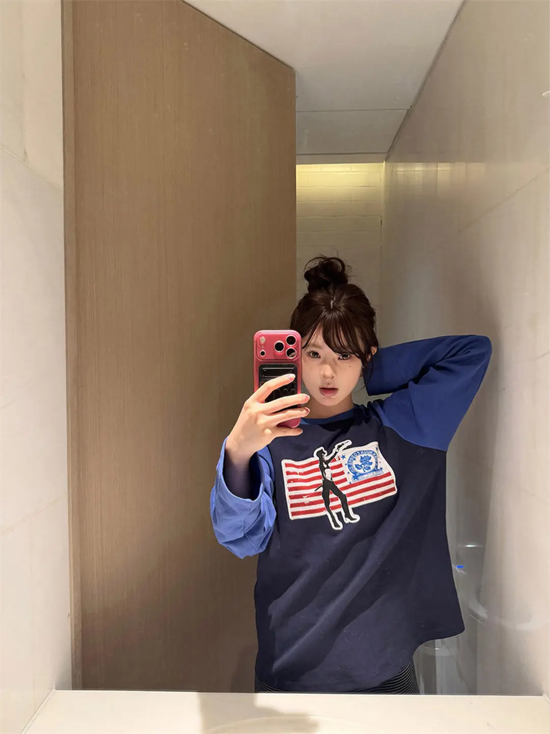 American Style Patchwork Retro Color Block Flag Long Sleeve T-Shirt Women Early Autumn Slimming Design Versatile Lazy Casual Top