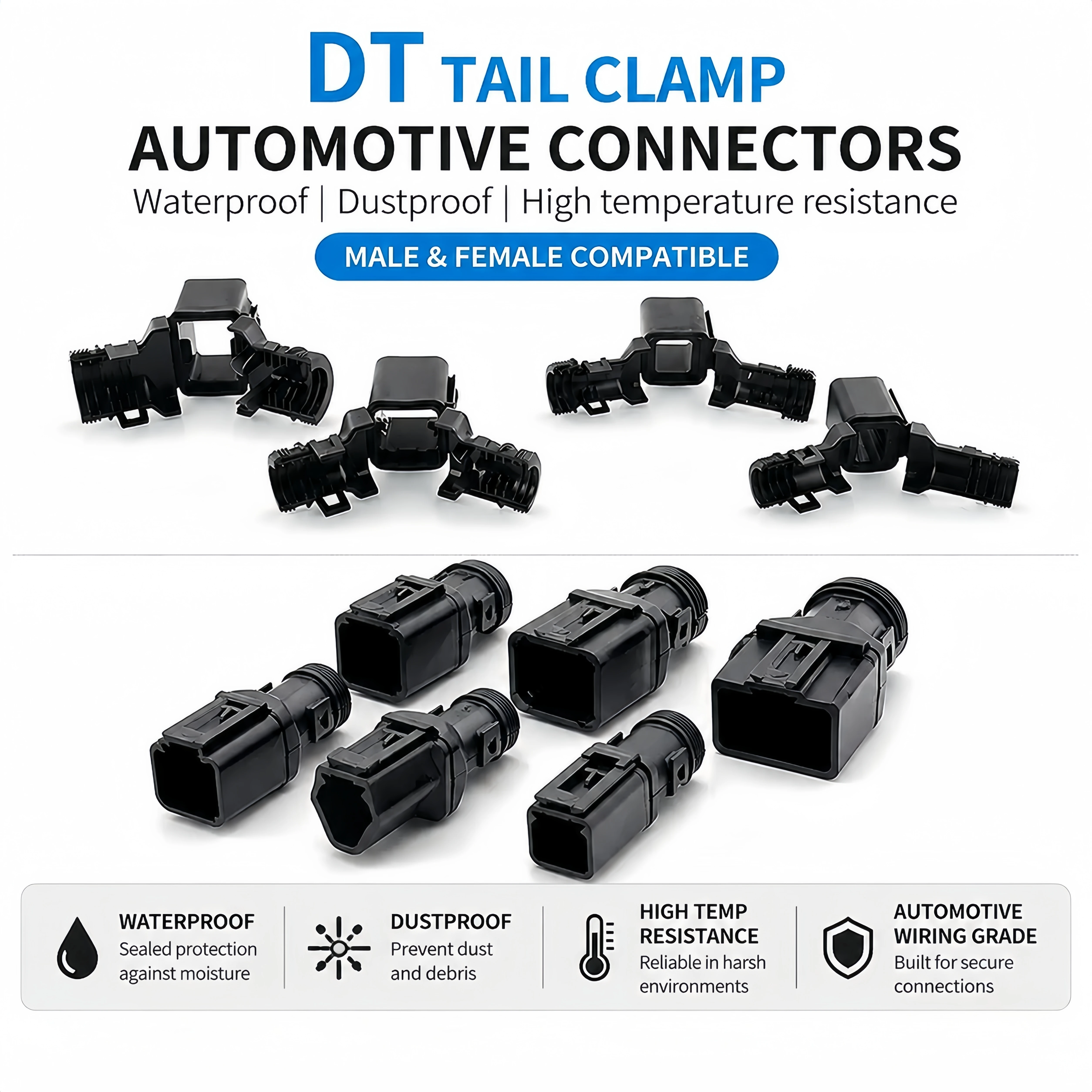 

2/3/4/6/8/12 Pin DT Connector Tail Clip, Male Female Protective Sheath IP67 Automotive Wiring Harness Clip Cable Organizer