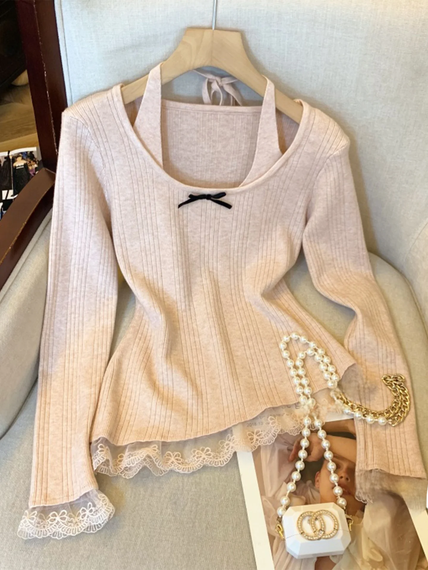 

Женский вязаный свитер Lace Splice Ne Hanging Bell Sve Base irt Осень Зима Slim Fit Long Sve круглый Ne C...