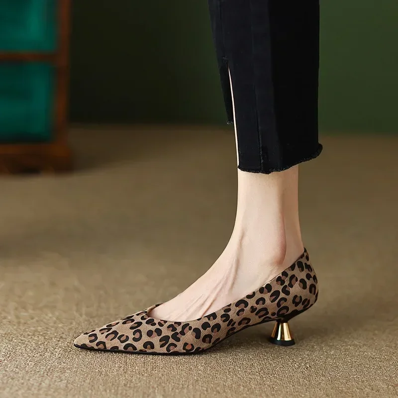 Suede Leather Women Shoes 2023 Spring Elegent Women Pumps Pointed Toe Thin Heel High Heels Leopord Handmade Shoes Zapatos Mujer