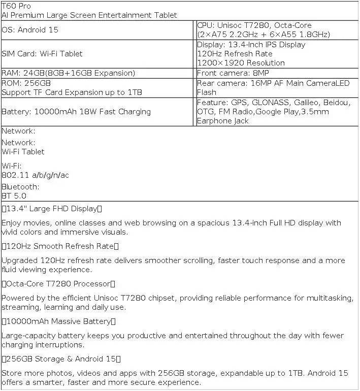KINGRID T60 Pro Tablet Android 13.4" Android 15 Tablet PC, 120Hz Display, 24GB RAM + 256GB ROM, 10000mAh Battery, Octa-Core Gaming Tablet, 5G WiFi